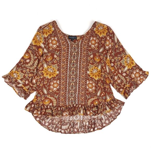 CYNTHIA ROWLEY Ruffled Sunflower Floral Print Blouse Brown Boho Womens Medium - Picture 1 of 6
